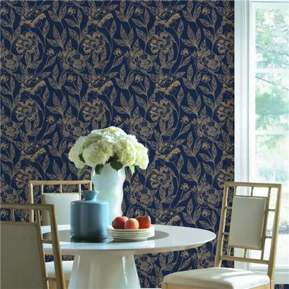 Vinjiasin Peel and Stick Wallpaper Blue and Gold Floral Contact Paper Modern